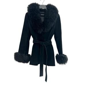 Guess Penny Lane Coat Black Suede Leather Lamb Fur Vintage 90s Y2K Witchy
